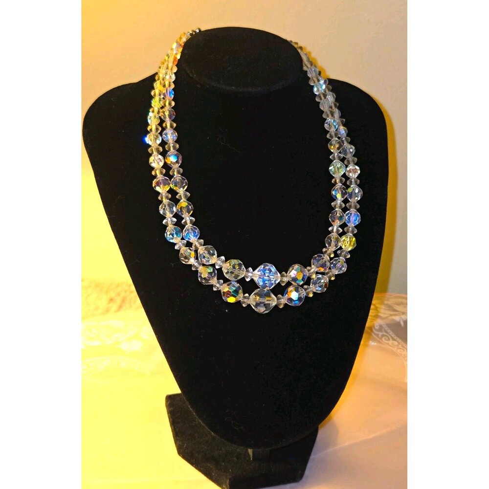 Antique Vintage Art Deco Crystal Beaded 2-Strand Choker 15”